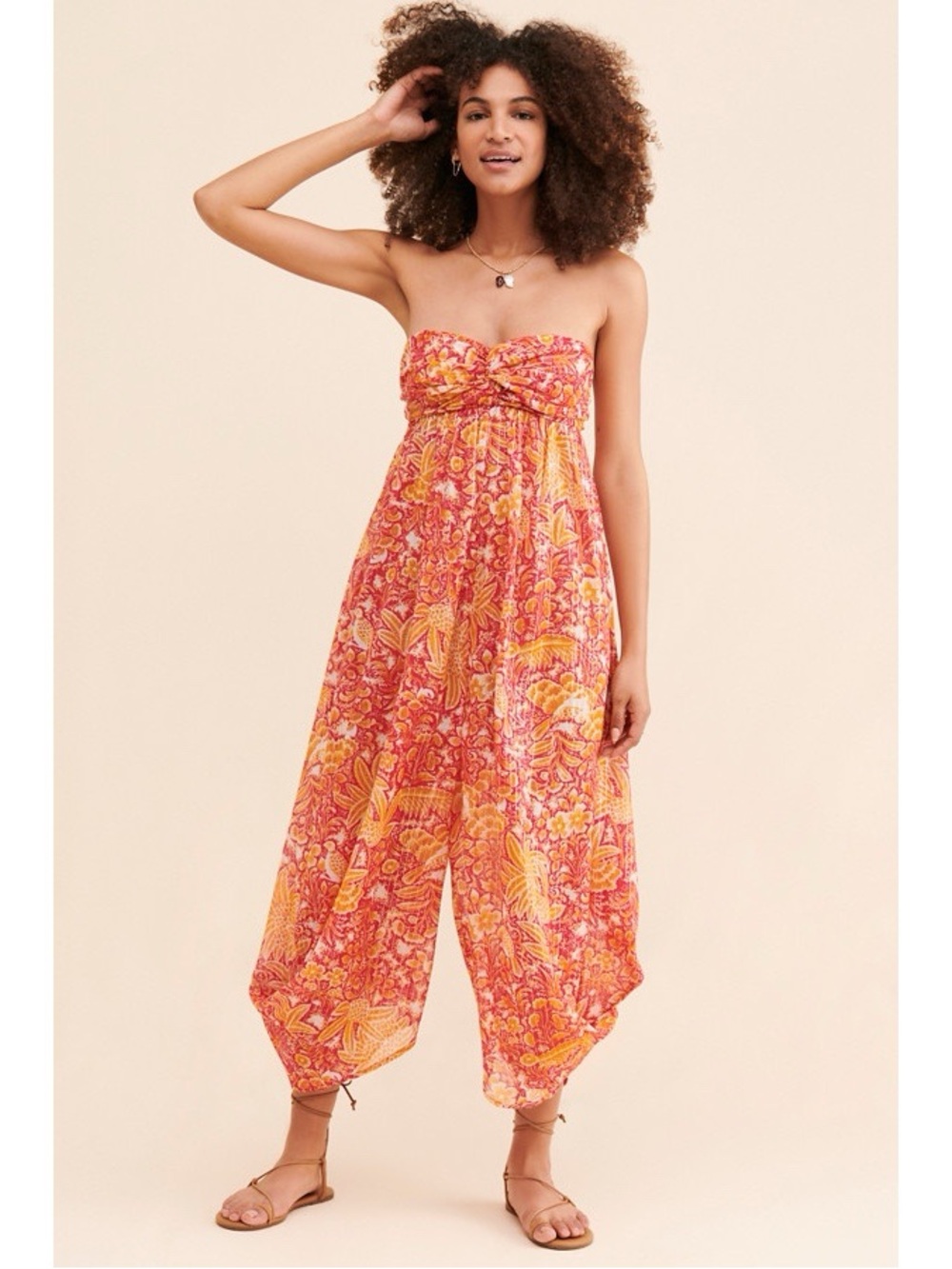 Anthropologie Women’s Small Harem Strapless Jumpsuit Red Orange Metallic Smocked